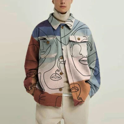 Veste décontractée à motif géométrique imprimé numérique, manteau à revers simple boutonnage pour hommes