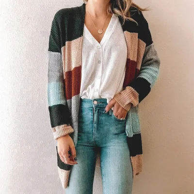 Nouveautés automne lâche tricots décontractés taille vêtements pour femmes femmes couleur mixte patchwork tricoté cardigan rayé manteau long