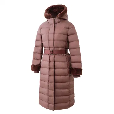 Veste de mode classique pour femme, manteau d'hiver en duvet véritable/veste d'extérieur à capuche en fausse fourrure douce populaire avec ceinture, manchette coupe-vent